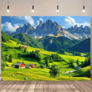 Realistic Alpine mountain landscape photography backdrop featuring cabins and green meadows