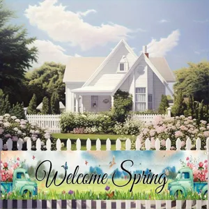Watercolor spring welcome truck banner with floral and butterfly garden decor