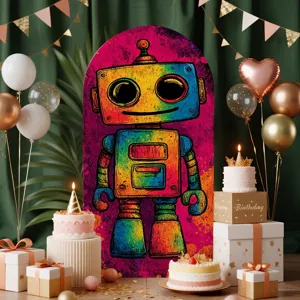 Colorful rainbow robot themed arched backdrop for children's birthday party photo booth