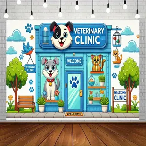 Cartoon pet clinic theme photography backdrop for kids' role-play party