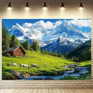 Alps landscape photography backdrop featuring snow mountains and a cozy log cabin.