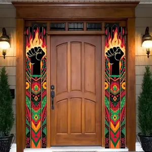 Black History Month porch banners with African totem motifs and a powerful raised fist