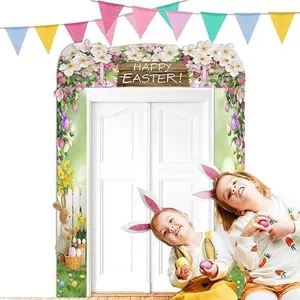 Floral Easter door cover banner with bunny and eggs decoration