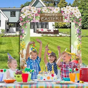Easter porch archway banner decoration with floral bunny patterns and Happy Easter text