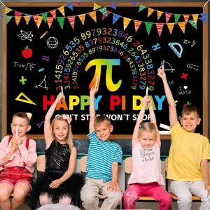 Colorful Happy Pi Day photography backdrop for school math festival and classroom party decorations