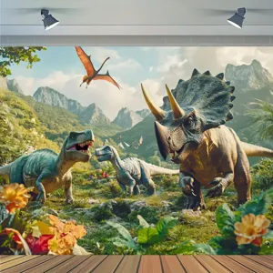 Fotohintergrund mit Dinosaurier-Waldmotiv, T-Rex und Triceratops Druck für Kinderpartys