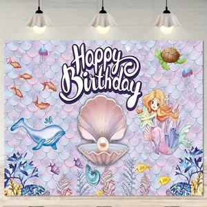 Toile de Fond Happy Birthday Thème Sirène Dessin Animé Océan Animal Photographie Fond Coquille Perle Imprimé Pongee Bannière pour Décoration de Fête de Fille