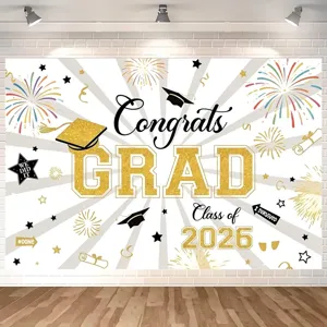 Fond de fête de remise des diplômes 2026 avec texte Congrats Grad or et feux d'artifice