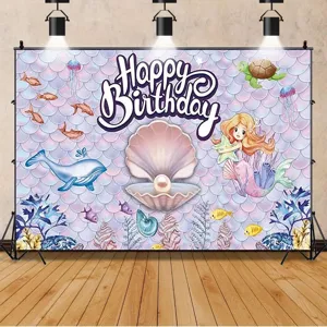 Toile de fond photographie d'anniversaire sirène avec imprimé coquillage et écailles de dessin