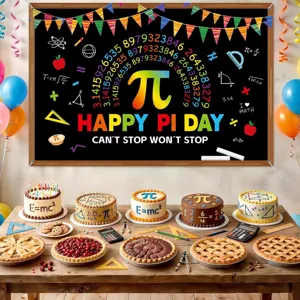 Rainbow Happy Pi Day photography backdrop with math formulas and educational doodles
