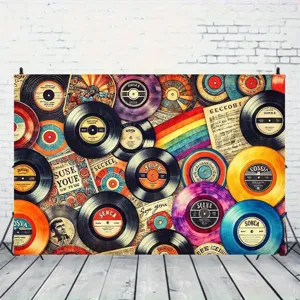 Vintage vinylplaat fotografie achtergrond met kleurrijke muziekfeest thema-elementen
