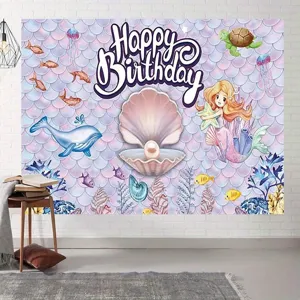 Toile de fond d'anniversaire sirène avec motifs marins animés et texte Happy Birthday