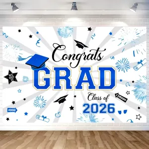 Toile de fond bleue et blanche pour remise des diplômes 2026 avec texte Congrats Grad