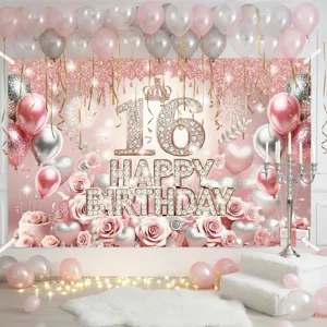 Pink 16th birthday photography backdrop with diamonds, roses, and balloons for party decoration