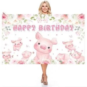 Cute pink pig birthday photography backdrop with floral elements for kids party decoration