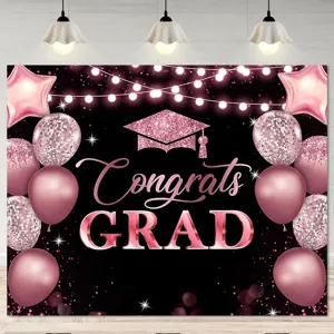 Fond de Photographie Fête Remise Diplômes Or Rose Noir Bannière Félicitations Ballons Toque Étoiles Imprimé Décoration Fête