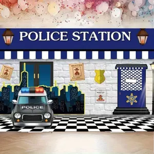 Cartoon police station photography backdrop with police car for kids birthday party