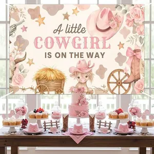Sfondo fotografico western cowgirl rosa per baby shower con decorazioni rustiche