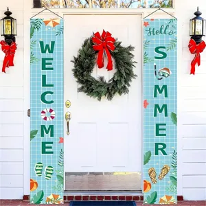 Summer pool party porch banners with Welcome Hello Summer text and beach illustrations