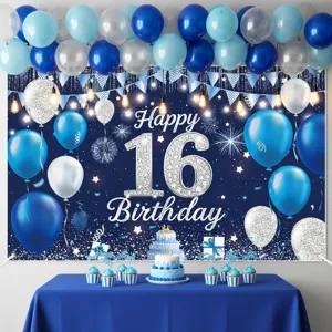 Blue 16th birthday photography backdrop with silver diamond numbers and balloons