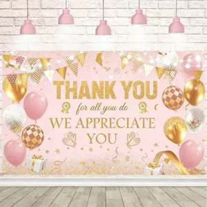 Pink and gold Thank You backdrop with glitter balloons for appreciation party decorations