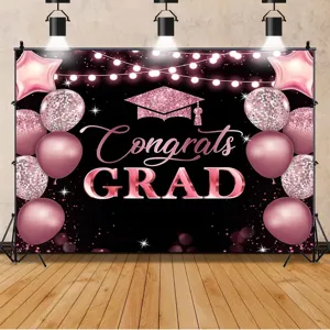 Fond de photographie de remise des diplômes noir et or rose avec toque à paillettes