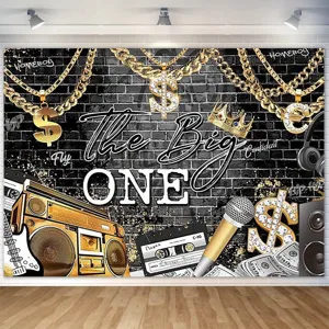Hip-hop style 1st birthday photography backdrop featuring boombox gold chains and money