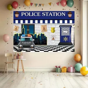 Cartoon police station photography backdrop with police car print for kids party decoration