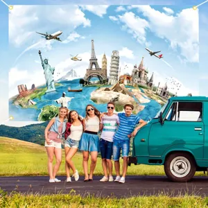 World travel theme photography backdrop with global landmarks for party decorations