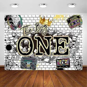 Hip hop style 1st birthday photography backdrop with retro cassette and boombox design