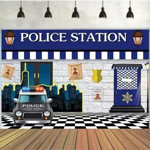 Cartoon police station theme photography backdrop with police car for kids party decor