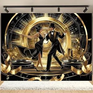 Fond de Photographie de Bal Rétro Noir et Or Thème Musique Disque de Gramophone Décoration de Fête Bannière Murale en Polyester Fond de Studio Photo