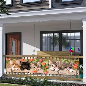 Cute Cat Floral Theme Decorative Banner Outdoor Yard Fence Hanging Decorative Tapestry For Home Pet Party Decor