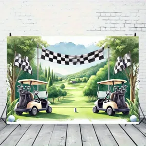 Watercolor golf themed photography backdrop with golf carts and checkered flags for parties.