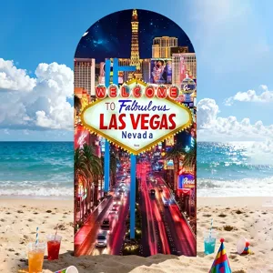 Arched backdrop cover with Las Vegas night street view for party photo booth