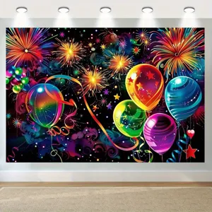 Vibrant fireworks and balloon photography backdrop for festive carnival party decorations.