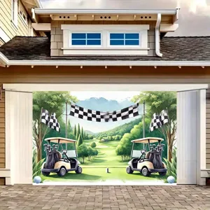 Vibrant watercolor golf theme photography backdrop with golf carts and flags for party