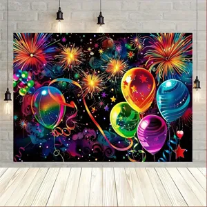 Vibrant firework and balloon party photography backdrop for festive carnival celebrations
