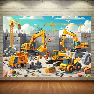 Sfondo per cantiere edile a fumetti con veicoli per decorazioni per feste di bambini.