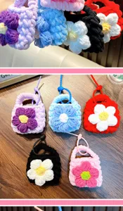 A detailed close-up showing vibrant colors of mini flower knitted coin purse keychains.