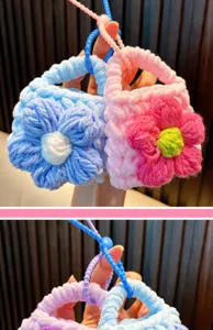 Detailed view of handmade knitted flower mini coin purses in blue and pink colors