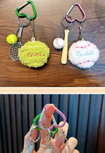 Plush tennis and baseball keychains with mini sports equipment and heart-shaped carabiners.