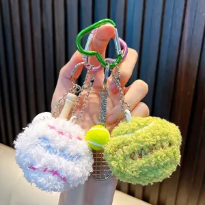 Plush Sports Ball Keychain Mini Tennis Baseball Pendant With Racket Bat Heart Carabiner Bag Hanging Ornament Souvenir
