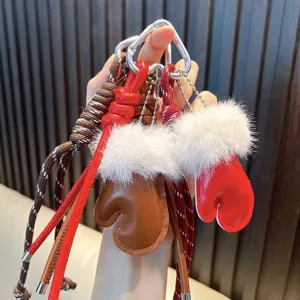 Portachiavi Guanto in Pelle Con Pelliccia Sintetica Corda Intrecciata Lega Cuore Fibbia in Metallo Ciondolo per Borsa Invernale Regalo Festivo