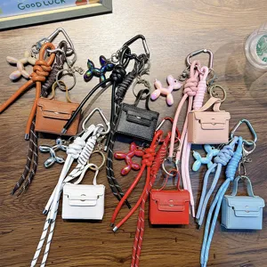 Mini Square Bag Keychain PU Leather Balloon Dog Backpack Pendant Woven Rope Keyring Fashion Accessory For Women Girls Gift