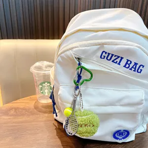 Mini plush tennis ball and racket keychain pendant for bag decoration