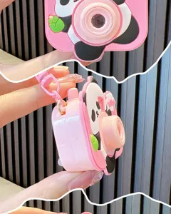 Detailed side view of pink panda projection camera toy keychain for bag decoration