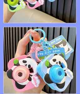 Cute panda cartoon projection camera keychains in pink and blue for bags and car keys