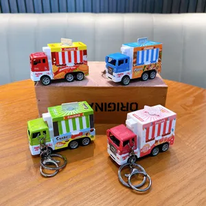 Set mit 4 Legierungs-Spielzeug-Foodtruck-Schlüsselanhängern mit bunten Comic-Designs