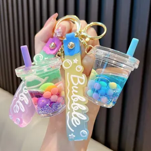 Boba milk tea liquid quicksand keychain with colorful beads and Bubble strap